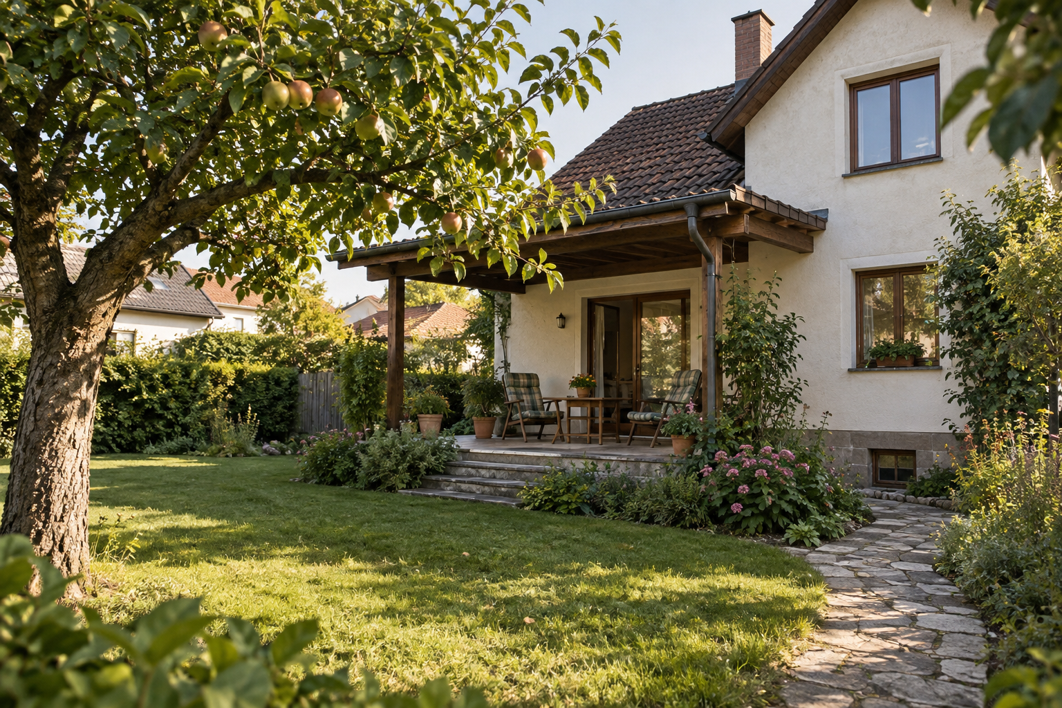 Österreichisches Familienhaus mit Terrasse und altem Obstbaum im Garten